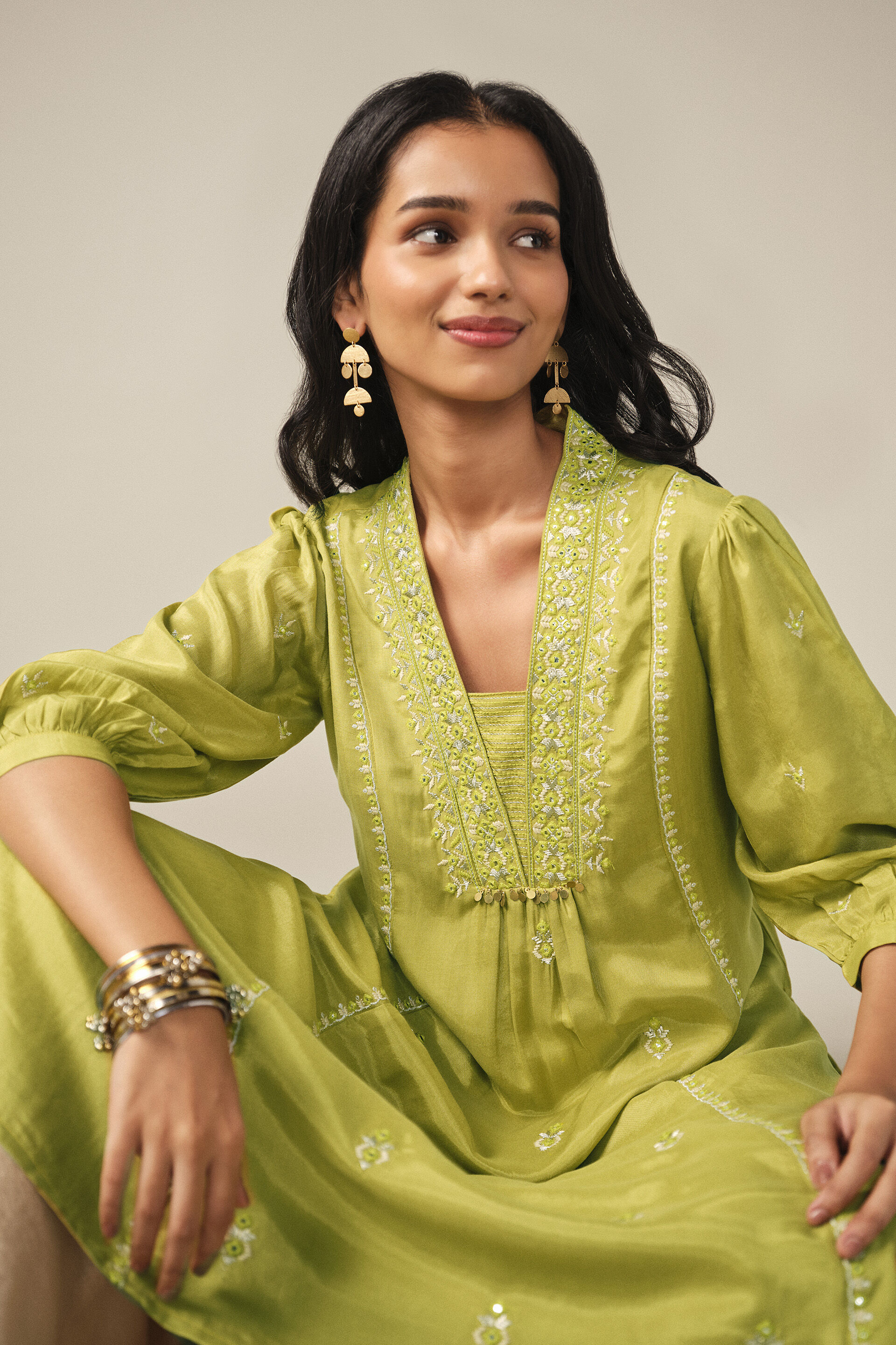 Embroidered A-line Kurta in Lime Green, Lime Green, image 2